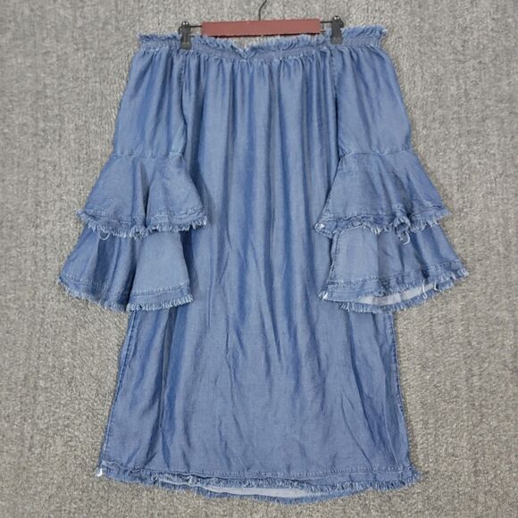 Colleen Lopez Dress Womens M Blue Chambray Off The Shoulder Bell Sleeve Boho - Picture 7 of 9